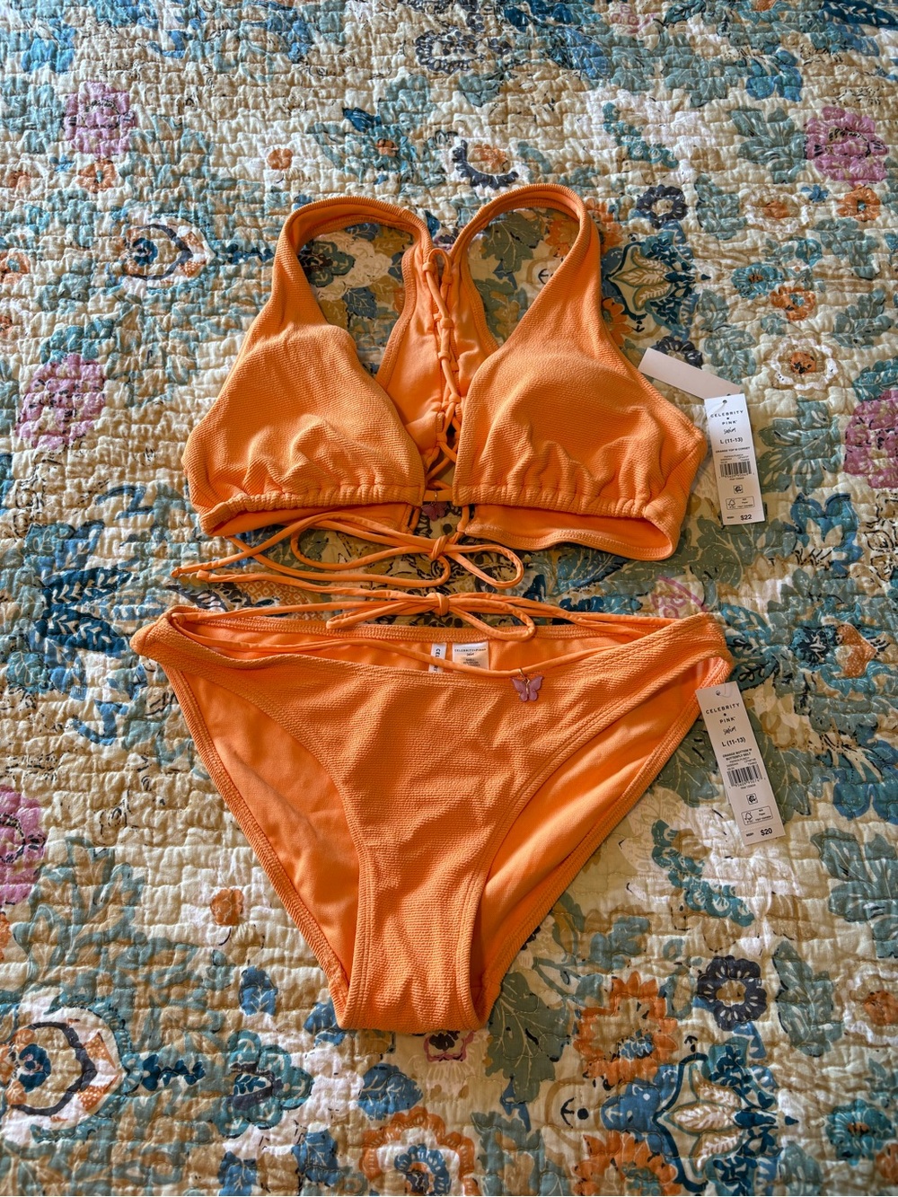 Orange Lace-Up Bikini Set w/ Pink Butterfly charms
